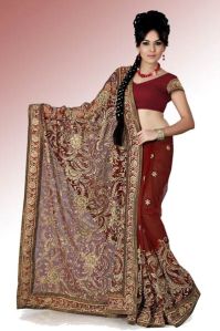 Maroon Net Saree with Unstitched Blouse