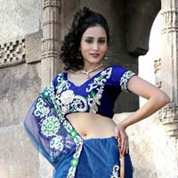 Navy Blue Net Lehenga Style Saree with Unstitched Blouse