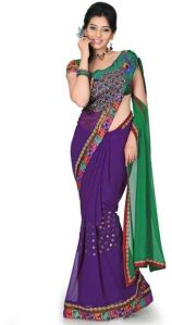 Purple and Green Chiffon Saree with Unstitched Blouse