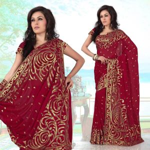 Red Faux Georgette Saree with Unstitched Blouse