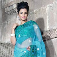 Sky Blue Net Saree with Unstitched Blouse