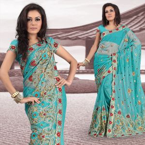 Sky Blue Net Saree with Unstitched Blouse