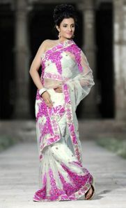 White Net Saree with Unstitched Blouse