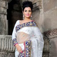 White Net Saree with Unstitched Blouse