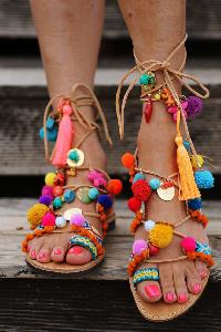 Handmade Leather Knee-High Gladiator Pompom Sandals