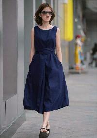 Women Blue Linen Formal Wear Dress