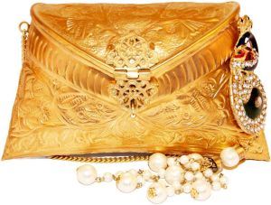 Embossed Gold Clutch Bag with Peacock Pearl Drop Tassel