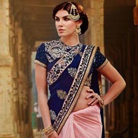 Dark Blue & Pink Embroidered Designer Saree