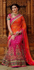 Orange Pink Embroidered Designer Saree