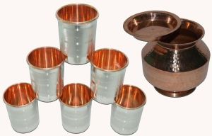 Raghav India 100% Genuine Copper Matka with Copper Cover + 6 Copper St