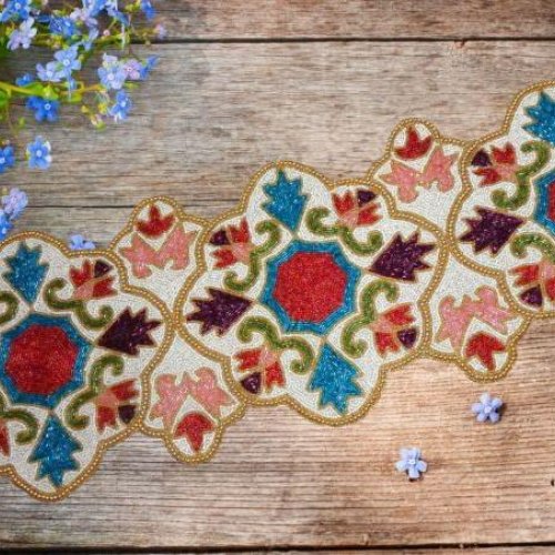 Handmade Colorful Floral Embroidered Beaded Art Table Runner