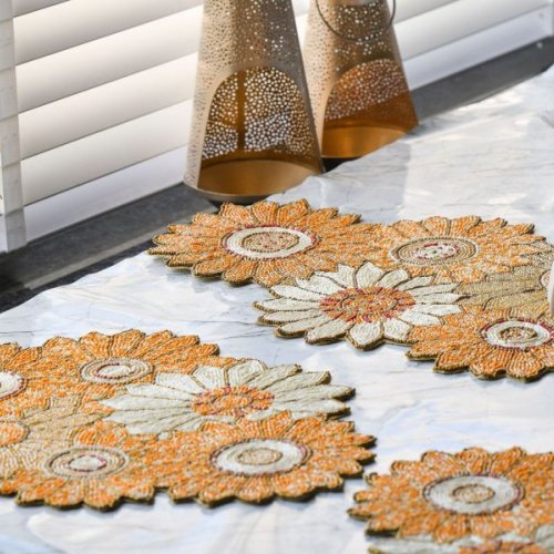 Handmade Yellow Floral Beaded Embroidery Table Runner With Placement