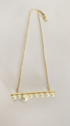 Pearl String Bar Brass Necklace