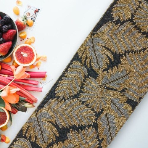 Handmade Palm Leaves Golden Black Beaded Table Runner