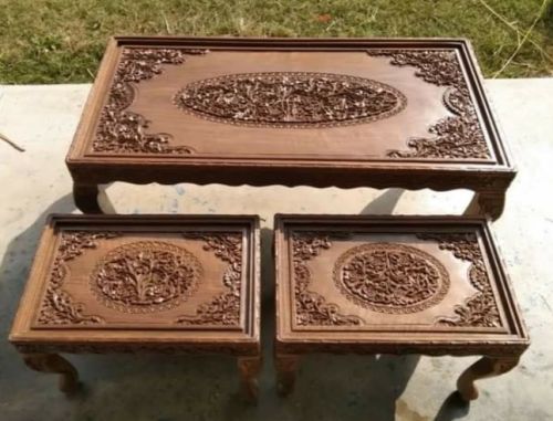 Carved Wood Coffee Table Set