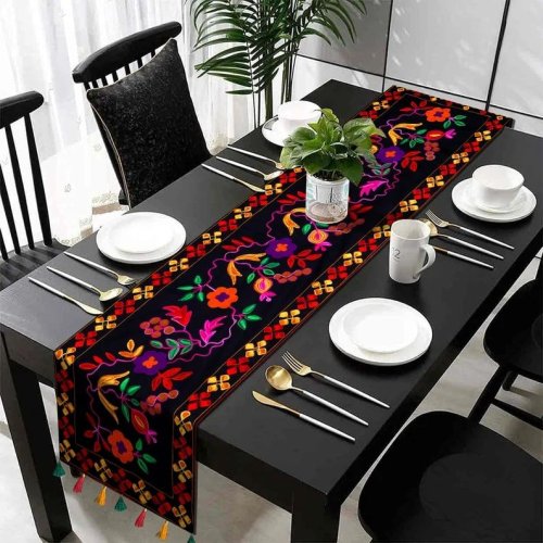 Handmade Black floral Embroidery Table Runner