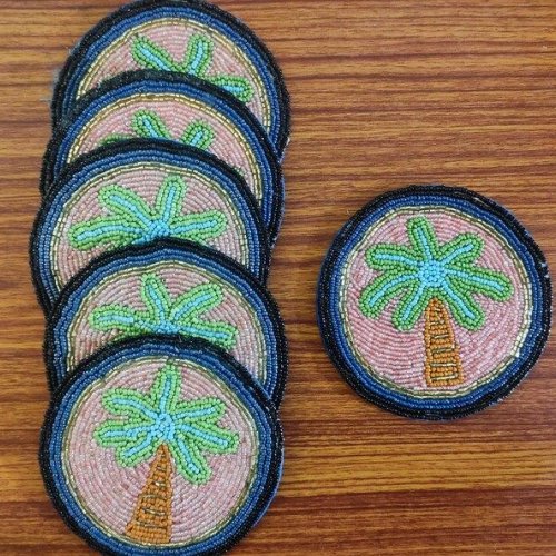 Handmade Blue Green Palm leaves themed Beaded Coasters