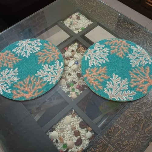 Handmade Blue White Winter Beaded Table Placemats