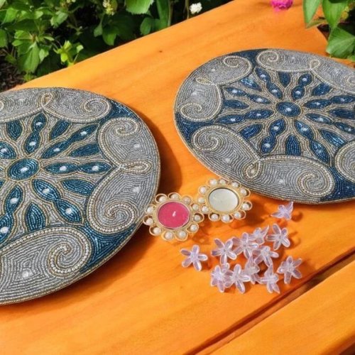 Handmade Golden Blue Paisley Pattern Beaded Table Placemats
