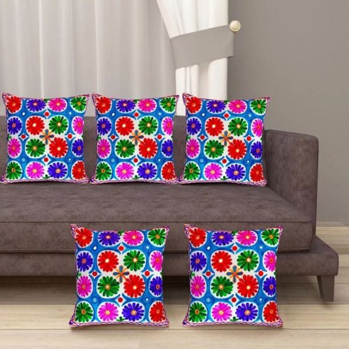 Handmade Multicolored Floral Suzani Thread Embroidery Cushion Covers