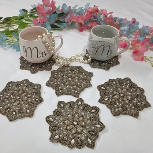 Handmade White and Silver Pearls Star Theme Beaded Coasters