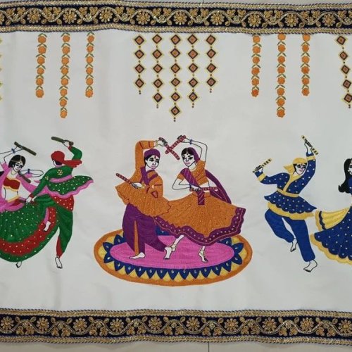 Navratri Dandiya Theme Handmade Embroidery Tapestry Wall Hanging