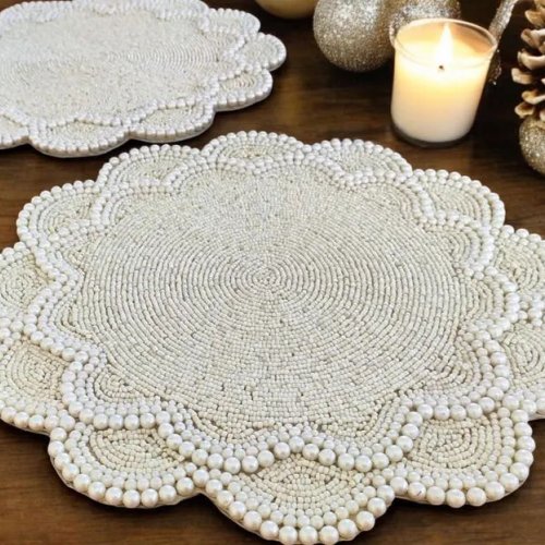 Winter Theme White Silver Snowflakes Beaded Placemats