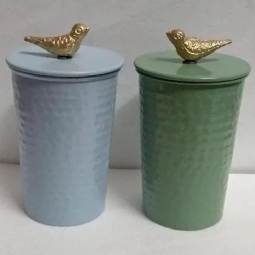 Metal Blue And Green Birds Jar