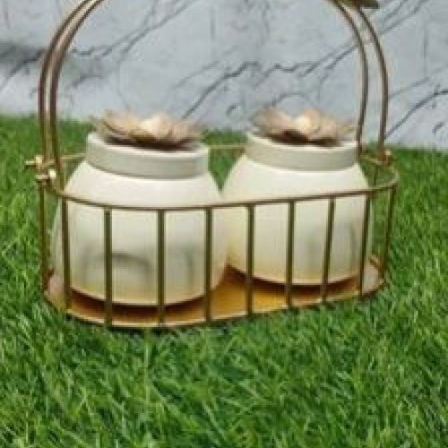 Oval Metal Basket With White Jar Set