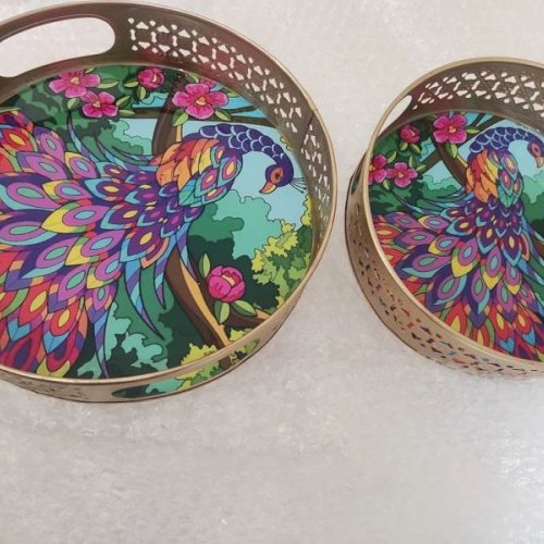 Round Peacock Printed Tray