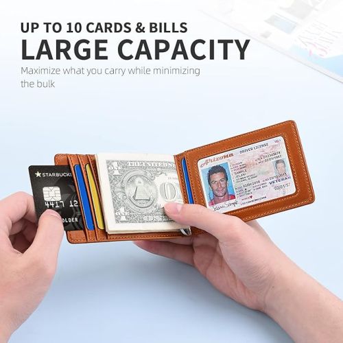 Mens Cow Leather Slim Minimalist Money Clip Bifold Wallet