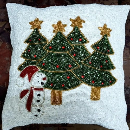 Christmas Trees and Snowman handmade Beaded Cushion Covers