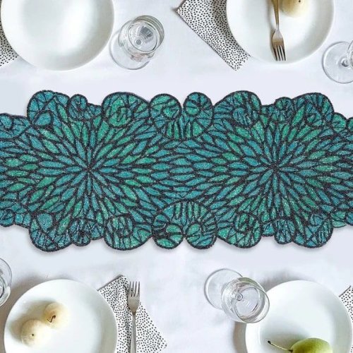 Emerald Blue Handmade Beaded Embroidery Table Runner