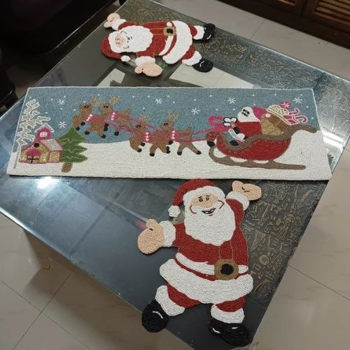 Handmade Christmas Santa On Sleigh Beaded Table Runner