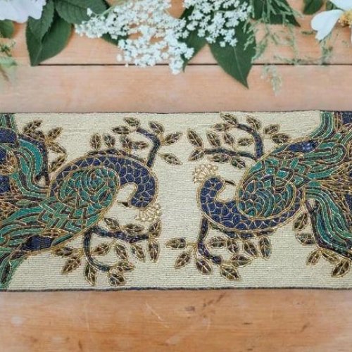 Handmade Peacock Motifs Beaded Table Runner