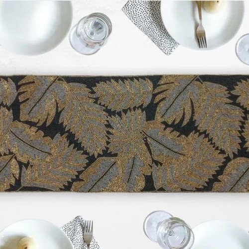 Handmade Tropical Palm Leaves Golden Black Beaded Table Runner