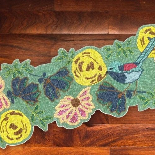 Handmade Vibrant Flower and Birds Theme Beaded Table Runner