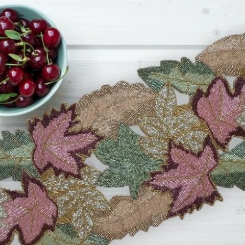 Handmade Vibrant Maplewood Leaves Beaded Table Runner,