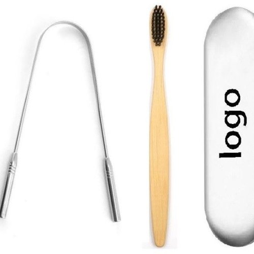 Steel Tongue Cleaner Bamboo Tooth Brush with Travel Case