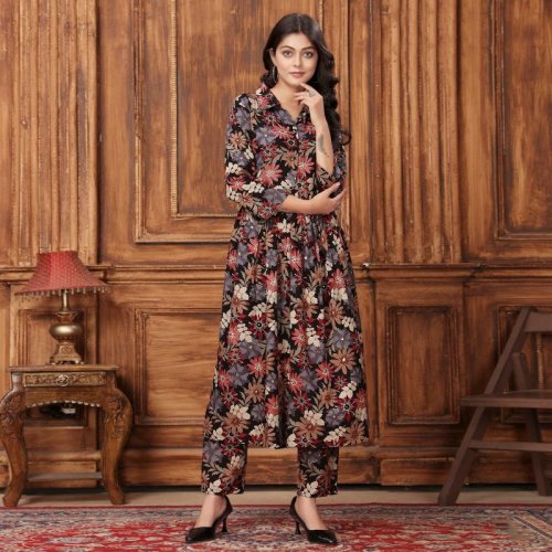 Rayon Fabric Black Color Readymade Kurti