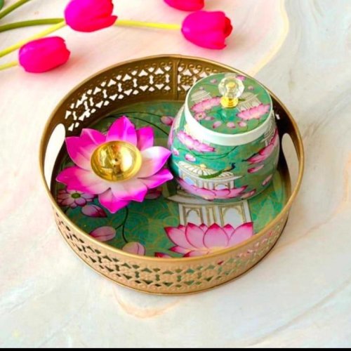 Pichwai Metal Tray With Jar Diya