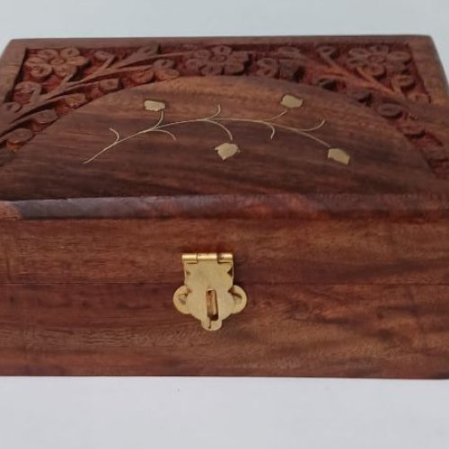 Rectangular Brass Vine Inlay Carved Wooden Box with Latch