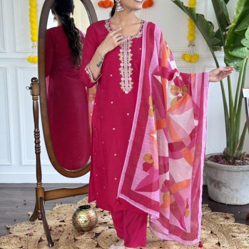 Ladies Dark Pink Viscose Chanderi Kurta, Pant and Dupatta Set