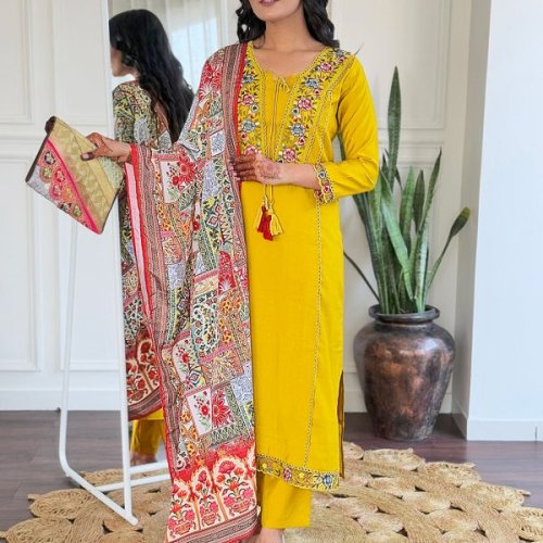 Ladies Mustard Bsy Viscose Embroidered Kurta, Pant  And  Dupatta Set