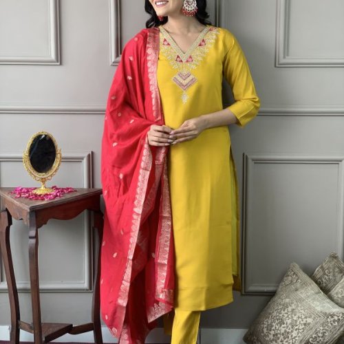Ladies Mustard Chanderi Embroidered Kurta, Pant And Viscose Dupatta