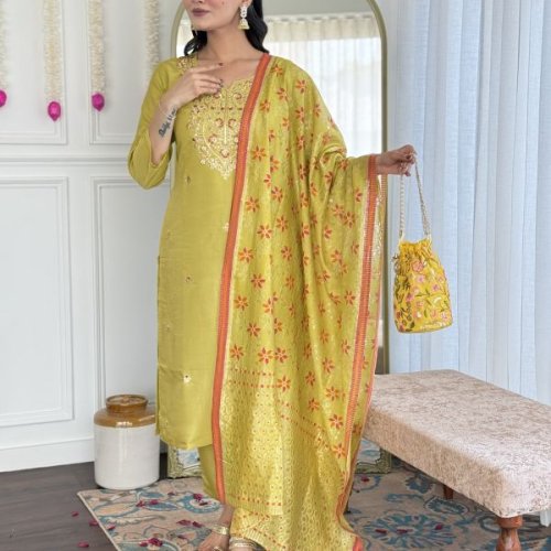 Ladies Mustard Viscose Chanderi Embroidery Kurta, Pant and Dupatta Set