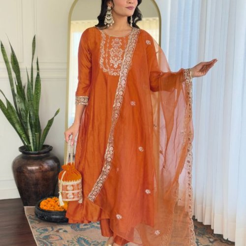 Ladies Orange Vichitra Silk Embroidered Kurta, Pant And Dupatta Set