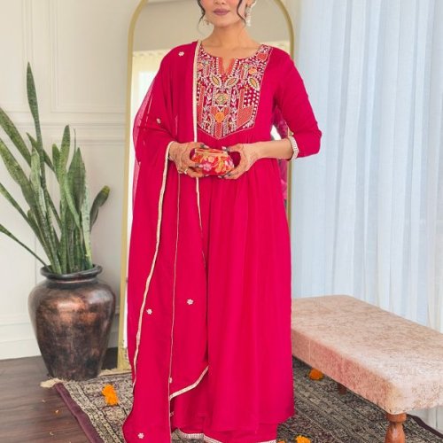 Ladies Red Vichitra Silk Embroidered Kurta, Rayon Pant And  Dupatta Set