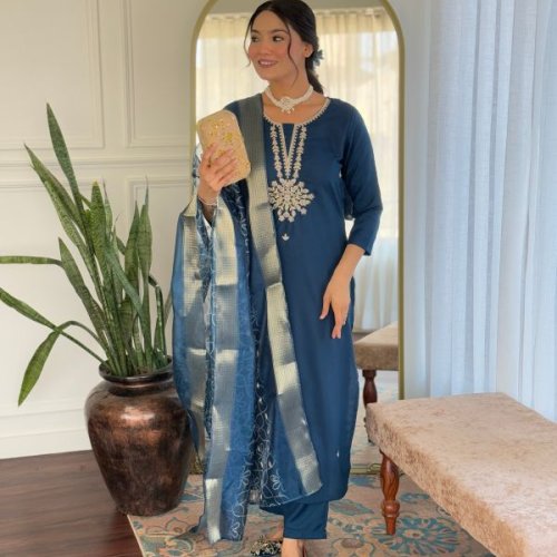 Ladies Royal Blue Rayon Embroidered Kurta, Pant And Dupatta Set