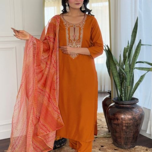 Ladies Rust Rayon Embroidered Kurta, Pant And Dupatta Set